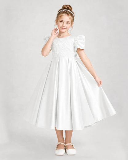 Dideyttawl Embroidered Satin Girl Formal Dress with Puff Sleeves