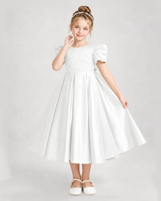 Ivory Satin A-Line Dress Girls Formal Dresses Front View