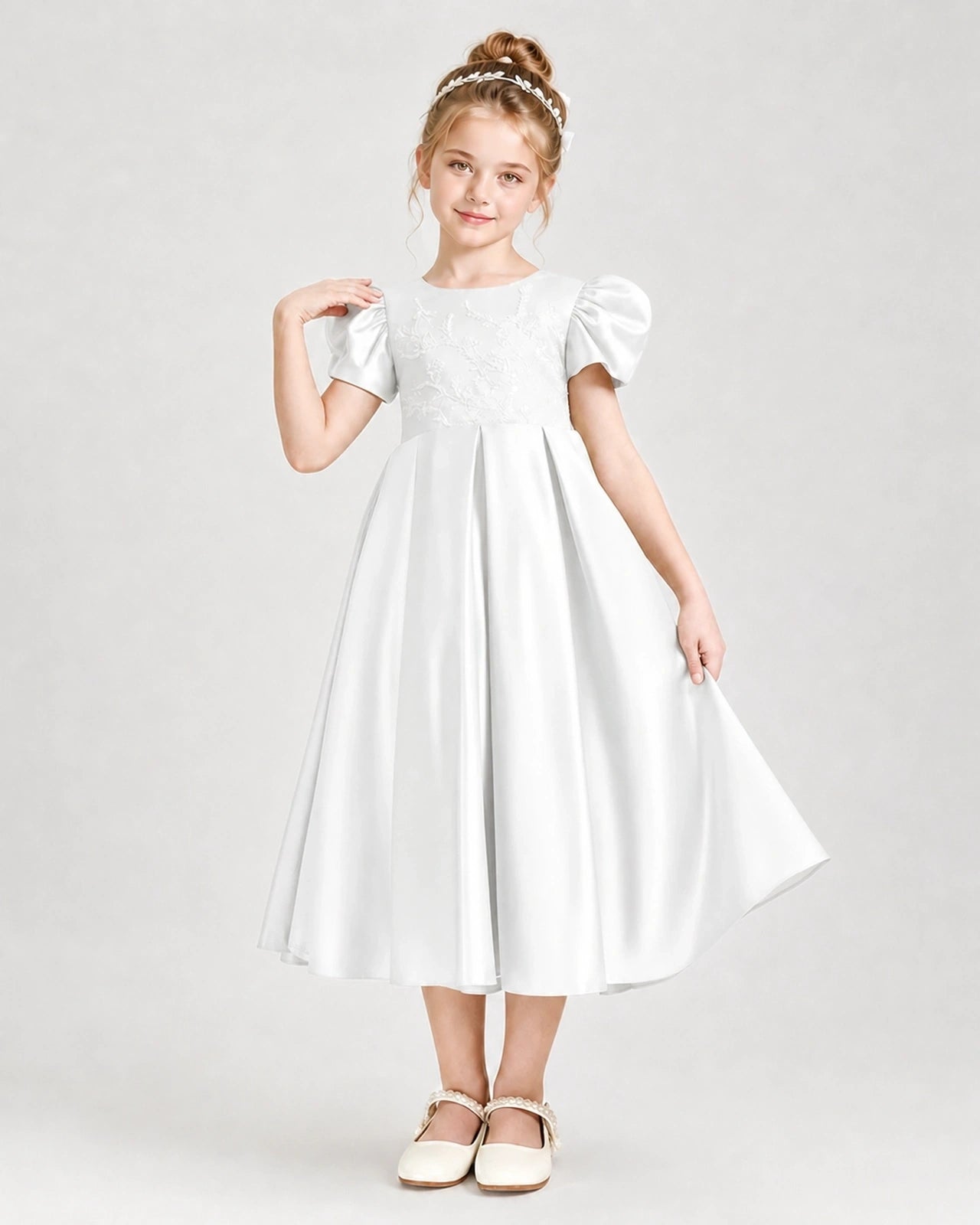 Dideyttawl Embroidered Satin Girl Formal Dress with Puff Sleeves