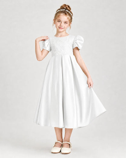 Dideyttawl Embroidered Satin Girl Formal Dress with Puff Sleeves