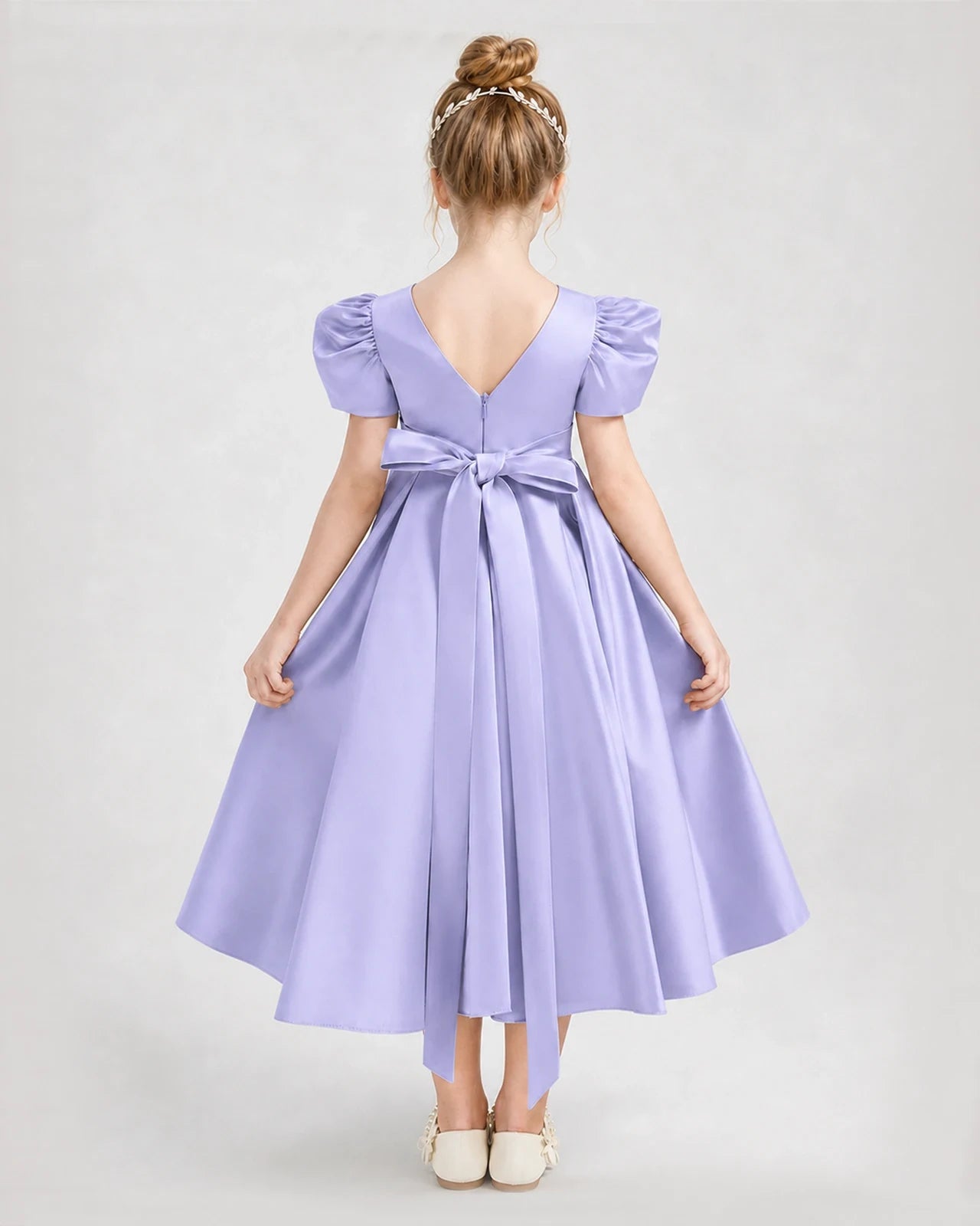Dideyttawl Embroidered Satin Girl Formal Dress with Puff Sleeves