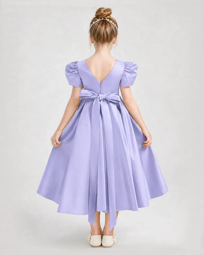 Dideyttawl Embroidered Satin Girl Formal Dress with Puff Sleeves