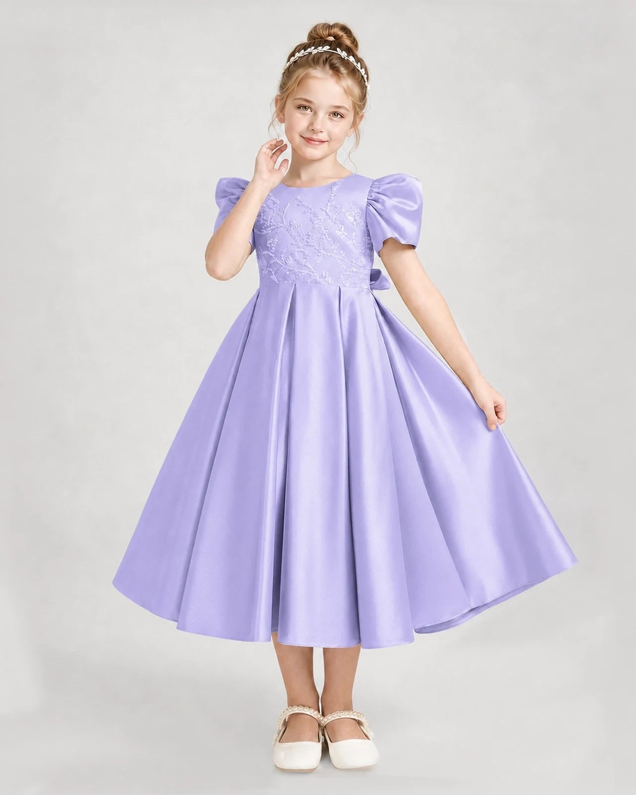Dideyttawl Embroidered Satin Girl Formal Dress with Puff Sleeves