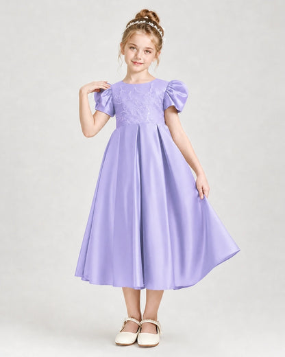Dideyttawl Embroidered Satin Girl Formal Dress with Puff Sleeves