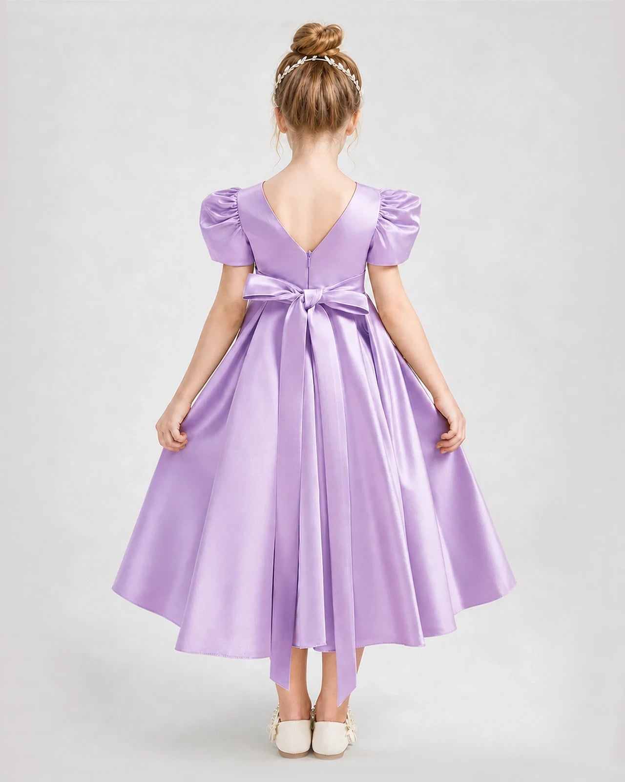 Dideyttawl Embroidered Satin Girl Formal Dress with Puff Sleeves
