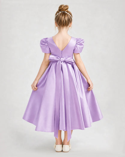 Dideyttawl Embroidered Satin Girl Formal Dress with Puff Sleeves