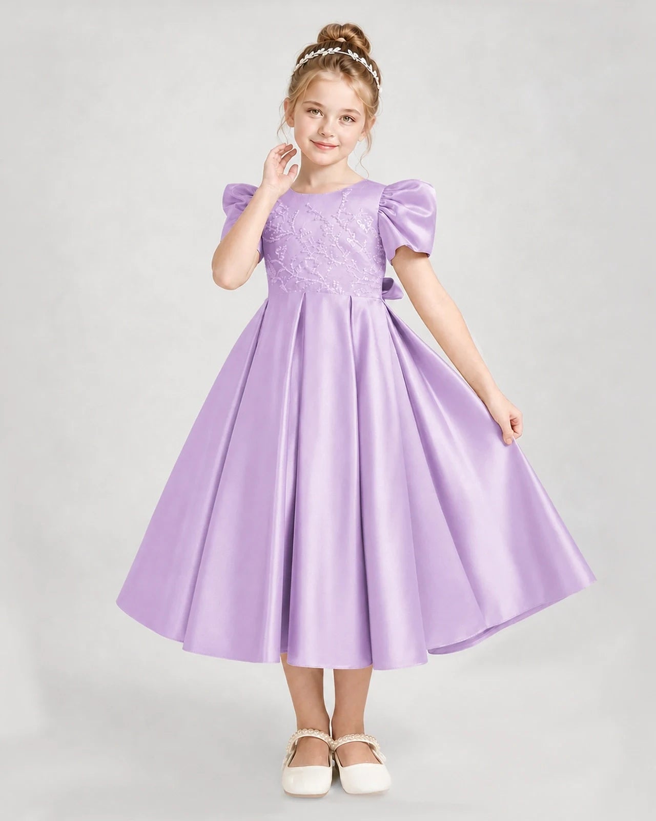 Dideyttawl Embroidered Satin Girl Formal Dress with Puff Sleeves