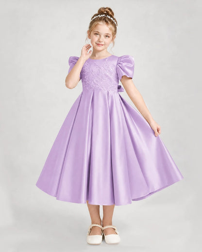 Dideyttawl Embroidered Satin Girl Formal Dress with Puff Sleeves