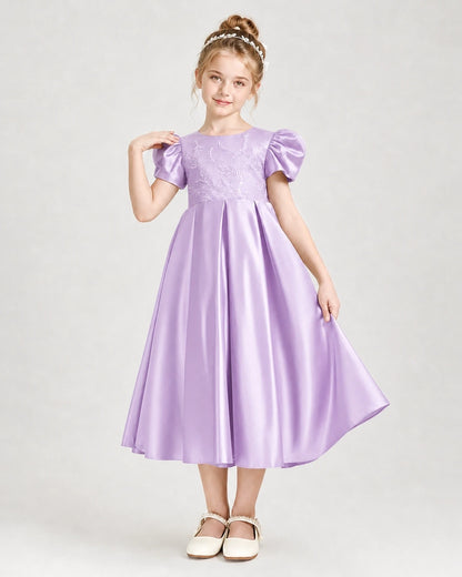 Dideyttawl Embroidered Satin Girl Formal Dress with Puff Sleeves