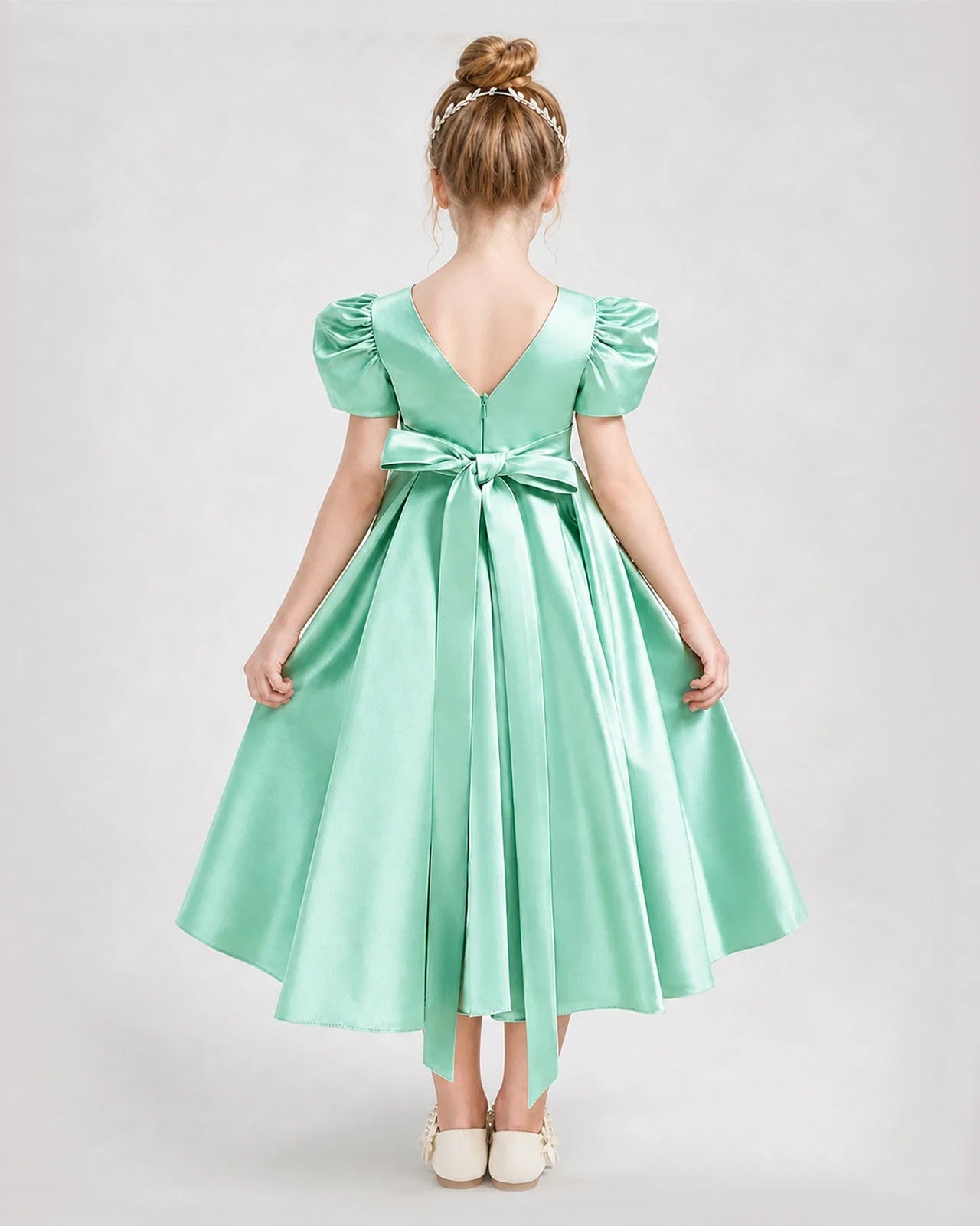 Dideyttawl Embroidered Satin Girl Formal Dress with Puff Sleeves