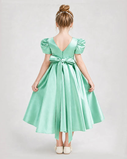Dideyttawl Embroidered Satin Girl Formal Dress with Puff Sleeves