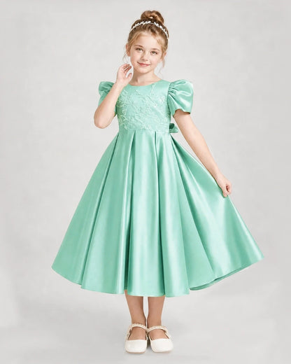 Dideyttawl Embroidered Satin Girl Formal Dress with Puff Sleeves