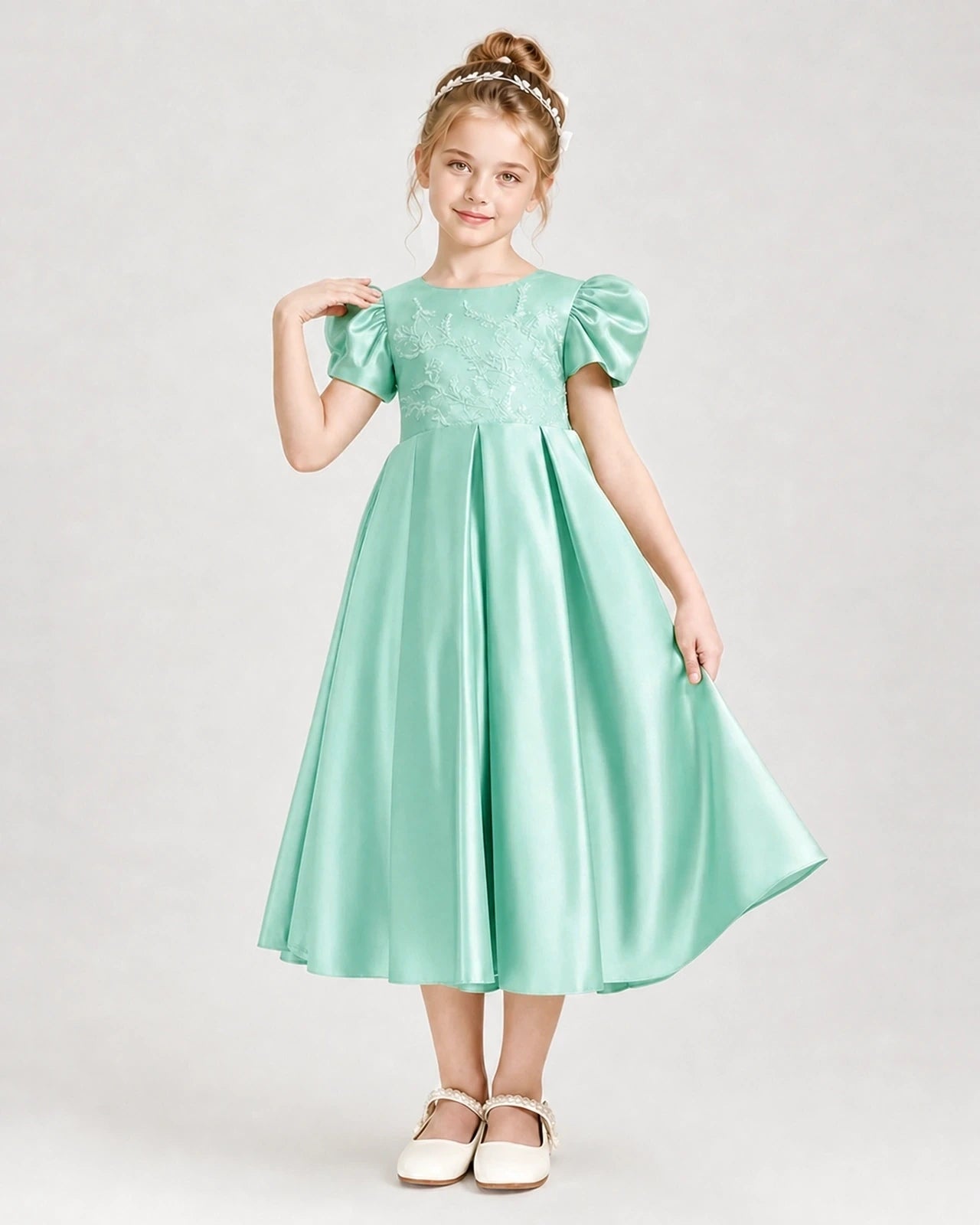 Dideyttawl Embroidered Satin Girl Formal Dress with Puff Sleeves