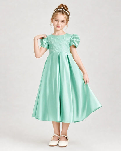 Dideyttawl Embroidered Satin Girl Formal Dress with Puff Sleeves