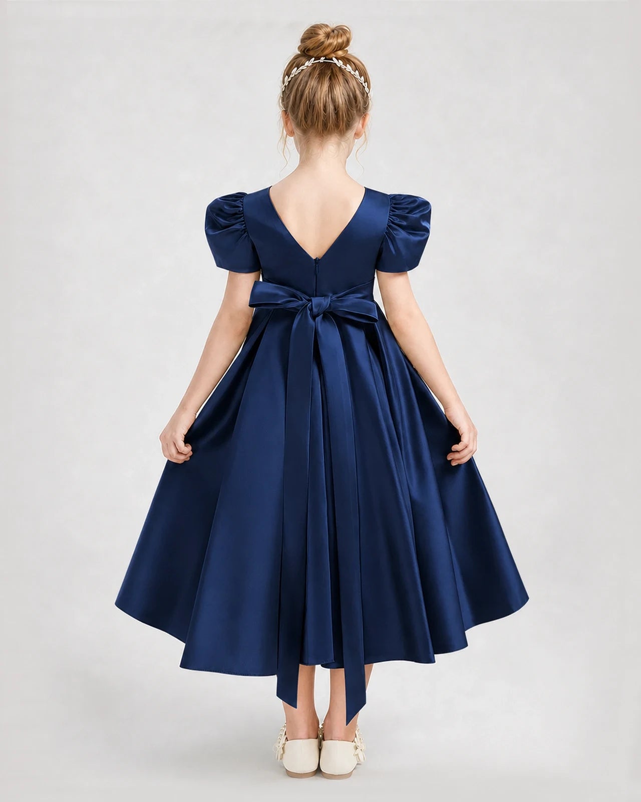 Dideyttawl Embroidered Satin Girl Formal Dress with Puff Sleeves