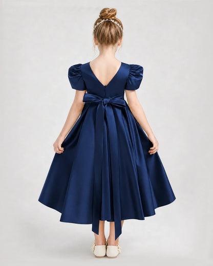 Dideyttawl Embroidered Satin Girl Formal Dress with Puff Sleeves