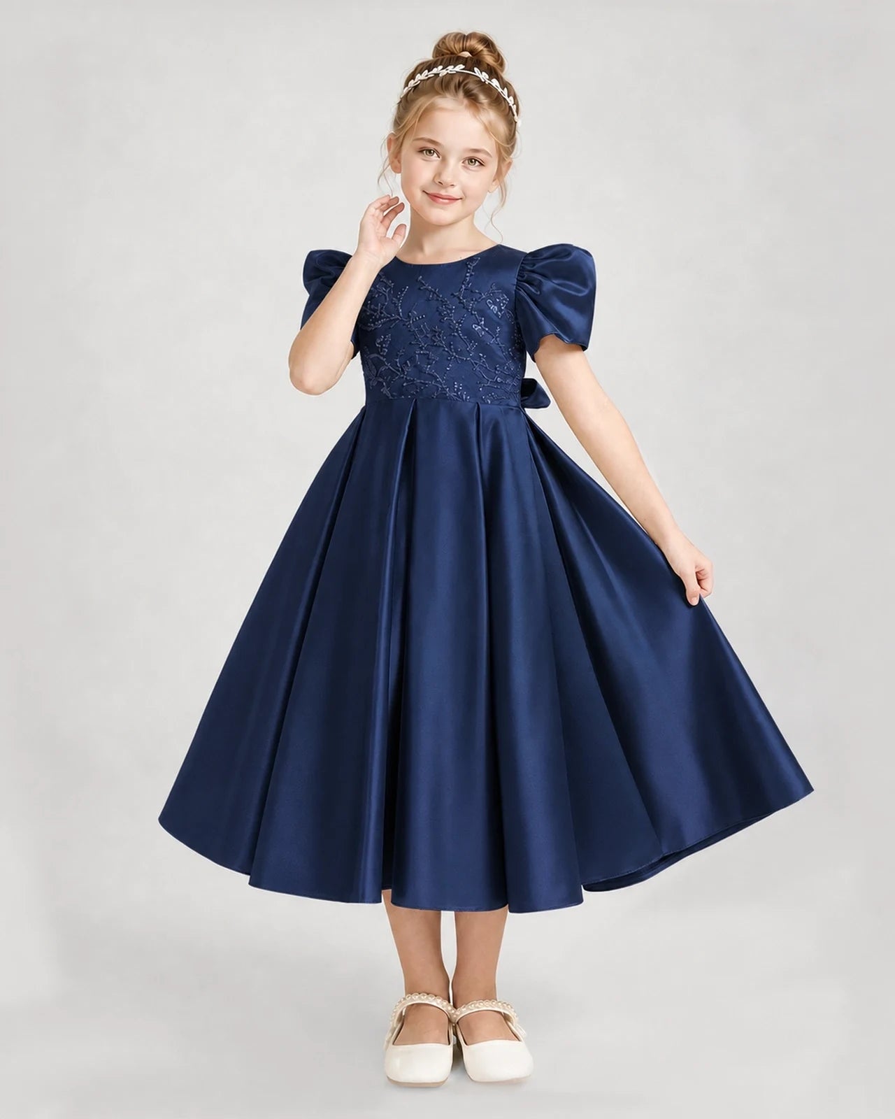 Dideyttawl Embroidered Satin Girl Formal Dress with Puff Sleeves
