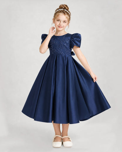 Dideyttawl Embroidered Satin Girl Formal Dress with Puff Sleeves