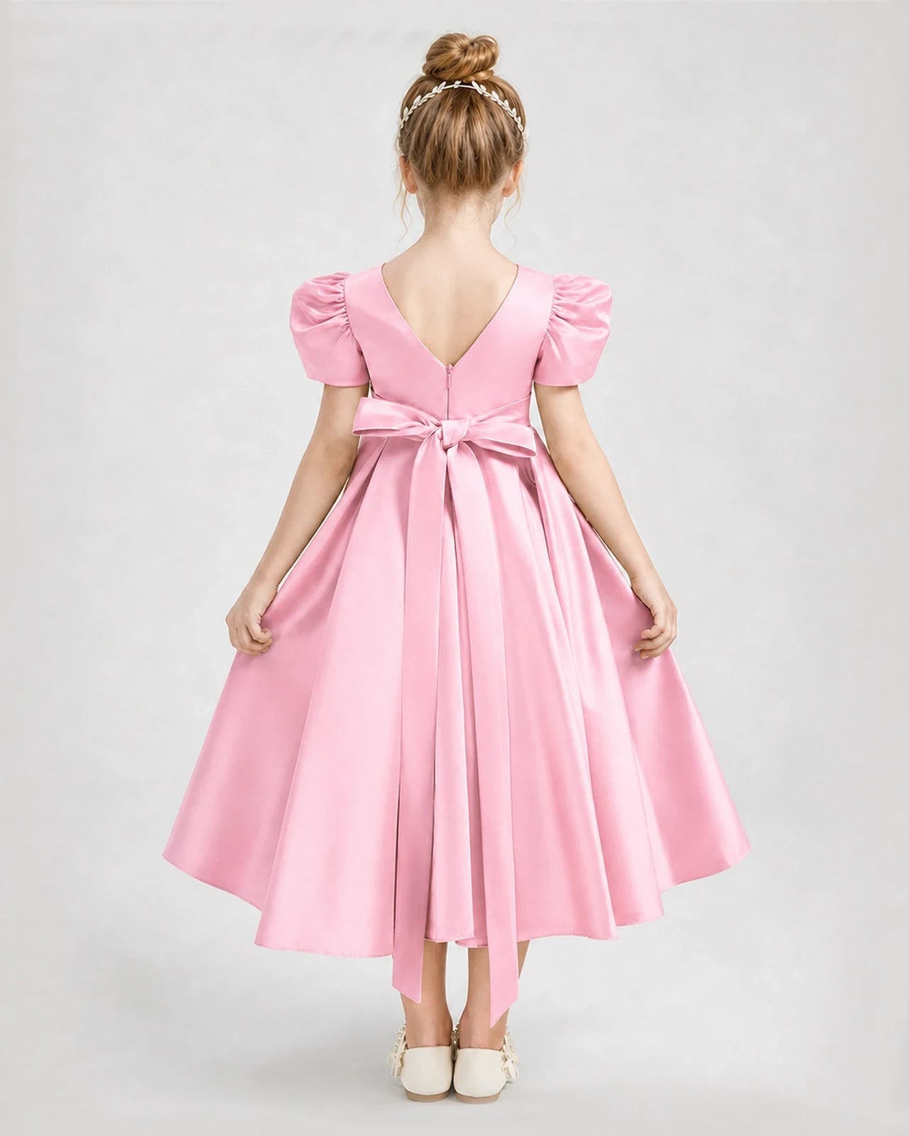 Dideyttawl Embroidered Satin Girl Formal Dress with Puff Sleeves