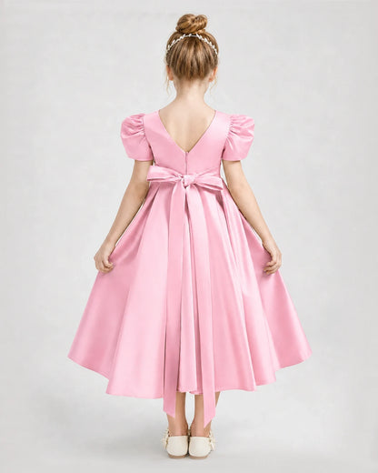 Dideyttawl Embroidered Satin Girl Formal Dress with Puff Sleeves