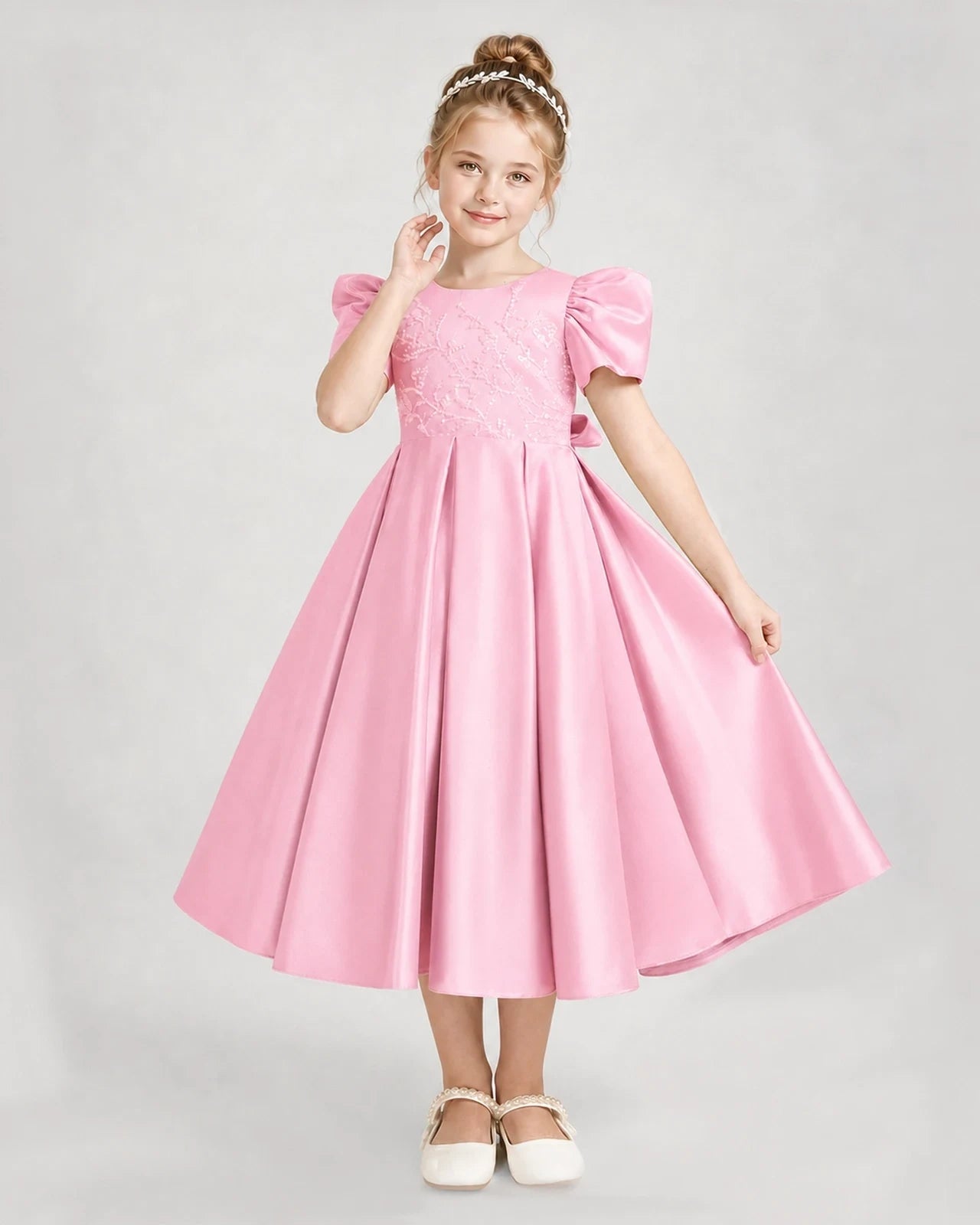 Dideyttawl Embroidered Satin Girl Formal Dress with Puff Sleeves