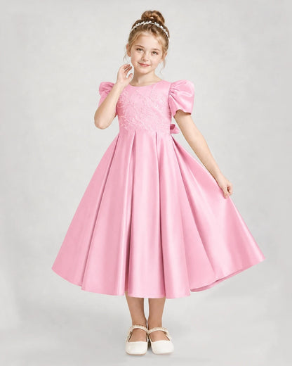 Dideyttawl Embroidered Satin Girl Formal Dress with Puff Sleeves