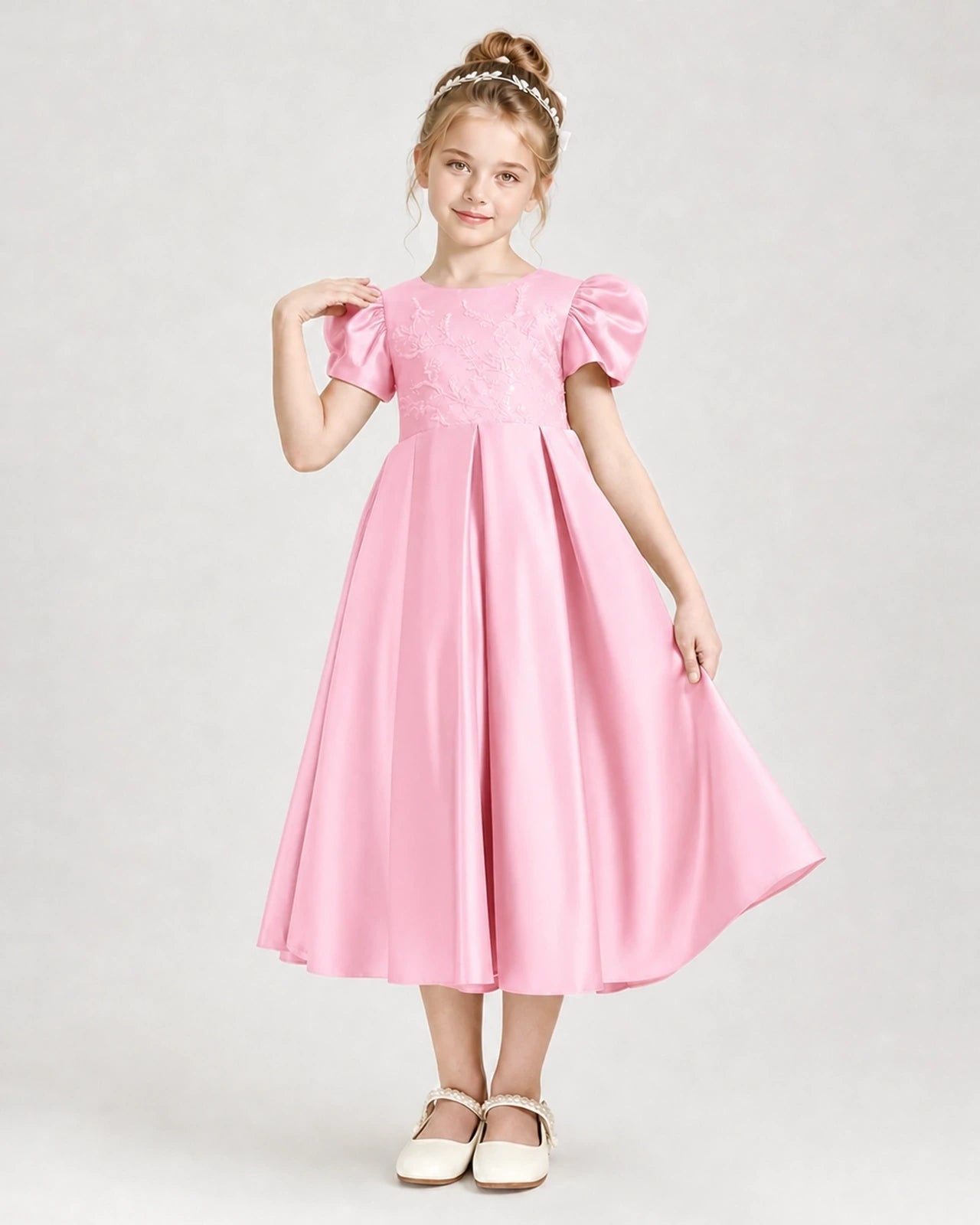Dideyttawl Embroidered Satin Girl Formal Dress with Puff Sleeves