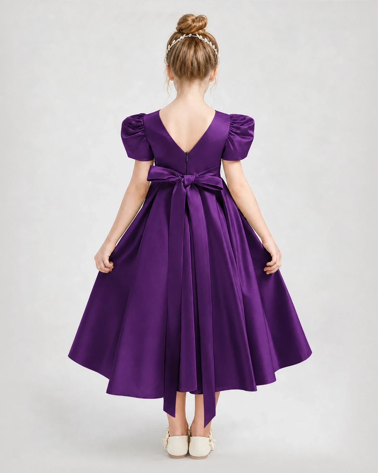 Dideyttawl Embroidered Satin Girl Formal Dress with Puff Sleeves