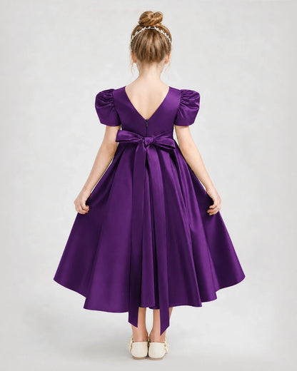 Dideyttawl Embroidered Satin Girl Formal Dress with Puff Sleeves
