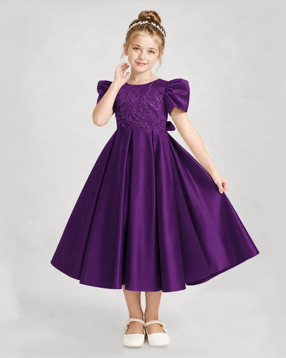 Dideyttawl Embroidered Satin Girl Formal Dress with Puff Sleeves