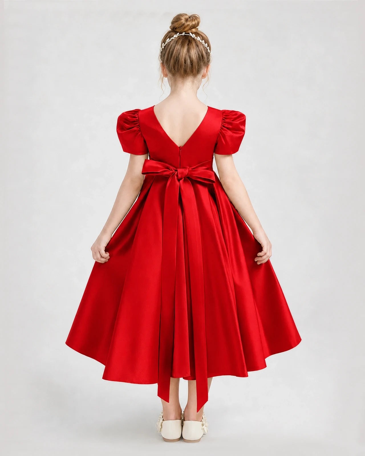 Dideyttawl Embroidered Satin Girl Formal Dress with Puff Sleeves
