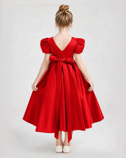 Dideyttawl Embroidered Satin Girl Formal Dress with Puff Sleeves