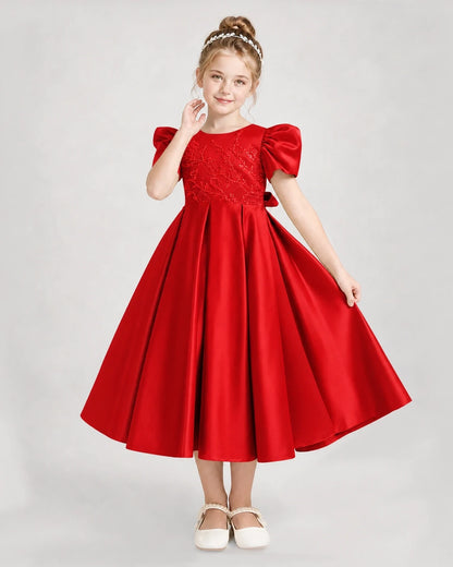 Dideyttawl Embroidered Satin Girl Formal Dress with Puff Sleeves