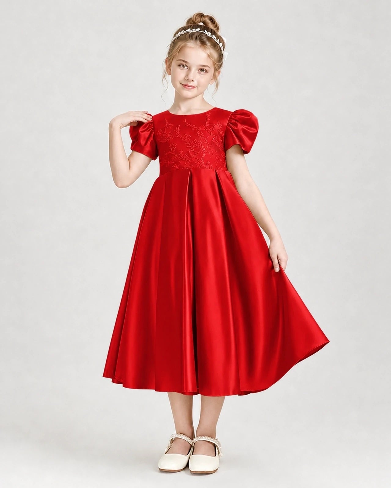 Dideyttawl Embroidered Satin Girl Formal Dress with Puff Sleeves