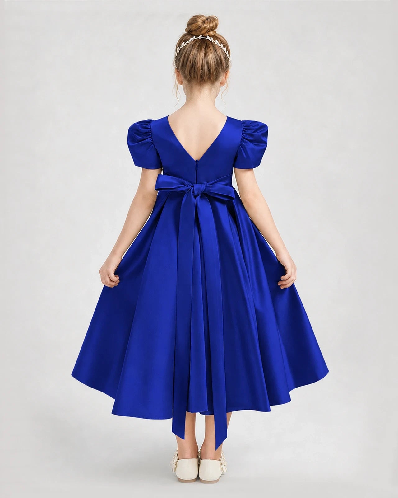 Dideyttawl Embroidered Satin Girl Formal Dress with Puff Sleeves
