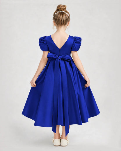 Dideyttawl Embroidered Satin Girl Formal Dress with Puff Sleeves