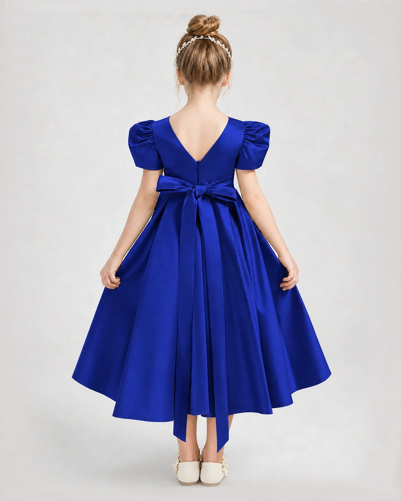 Royal Blue Satin V-Neck A-Line Girls Formal Dresses Back View