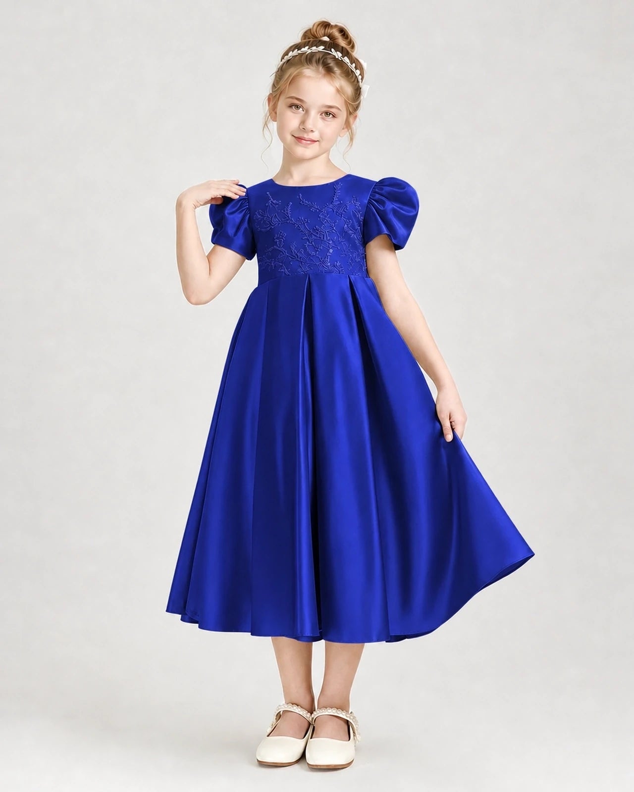 Dideyttawl Embroidered Satin Girl Formal Dress with Puff Sleeves