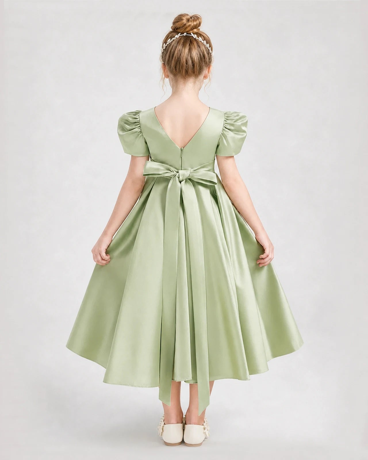 Dideyttawl Embroidered Satin Girl Formal Dress with Puff Sleeves