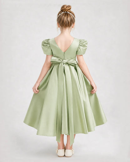 Dideyttawl Embroidered Satin Girl Formal Dress with Puff Sleeves