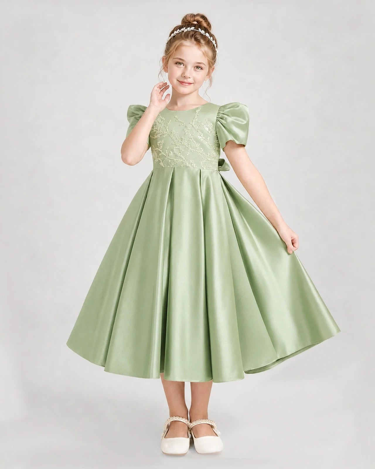 Dideyttawl Embroidered Satin Girl Formal Dress with Puff Sleeves