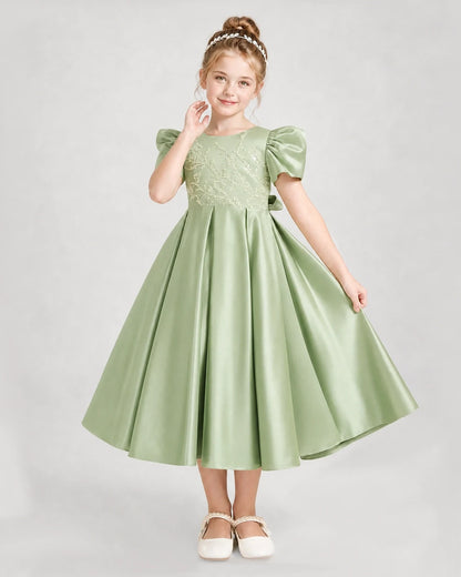 Dideyttawl Embroidered Satin Girl Formal Dress with Puff Sleeves