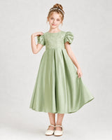 Sage Green Satin Embroidered Puff Sleeve Girls Formal Dresses