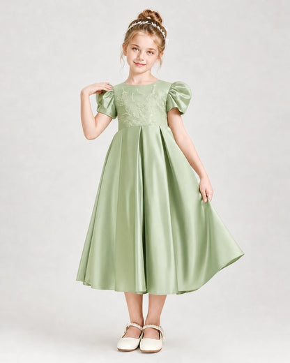 Dideyttawl Embroidered Satin Girl Formal Dress with Puff Sleeves