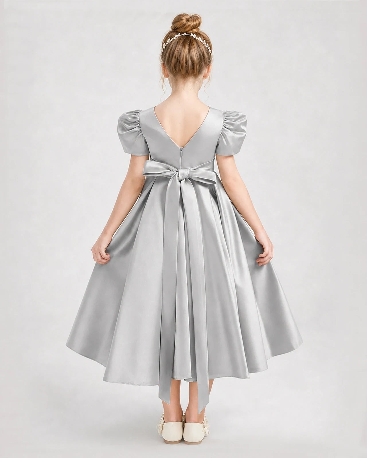 Dideyttawl Embroidered Satin Girl Formal Dress with Puff Sleeves