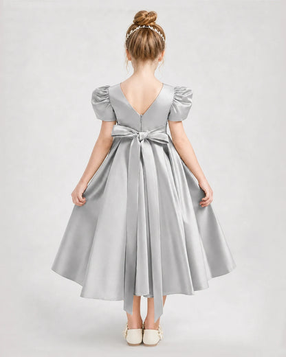 Dideyttawl Embroidered Satin Girl Formal Dress with Puff Sleeves