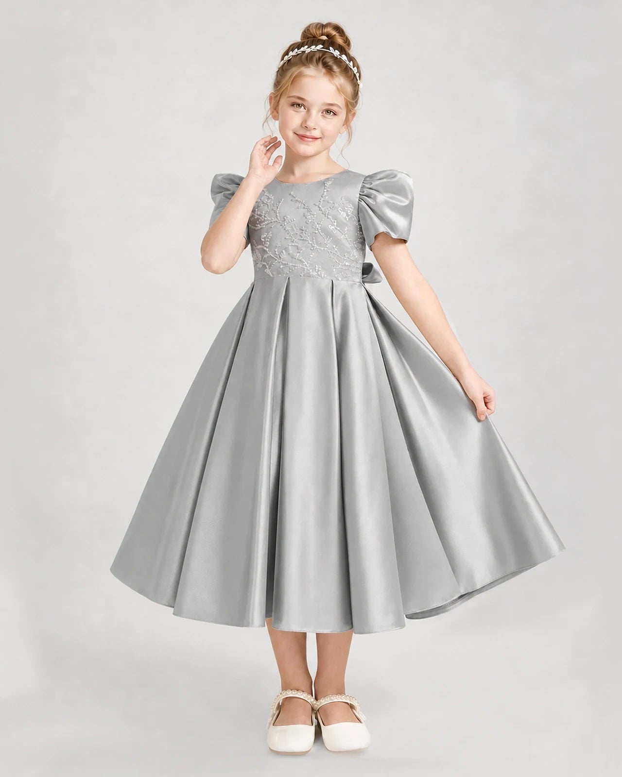 Dideyttawl Embroidered Satin Girl Formal Dress with Puff Sleeves