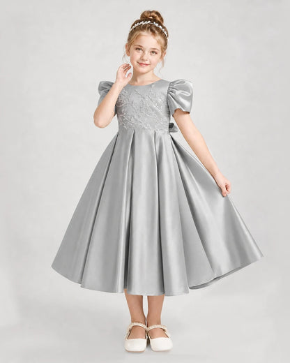 Dideyttawl Embroidered Satin Girl Formal Dress with Puff Sleeves