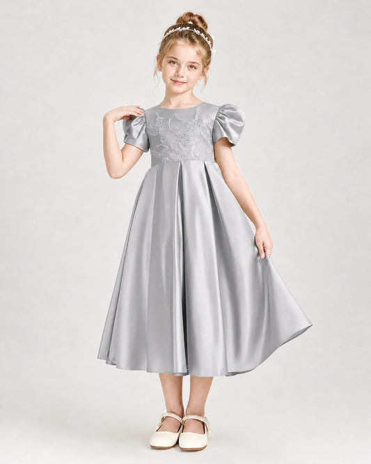 Silver Satin Pleated A-Line Girls Formal Dresses Front View