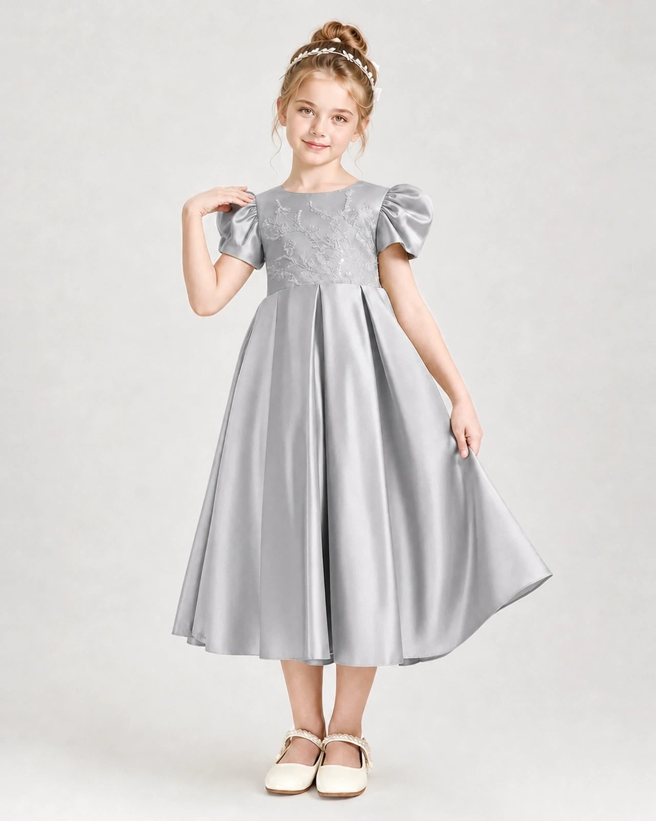 Dideyttawl Embroidered Satin Girl Formal Dress with Puff Sleeves